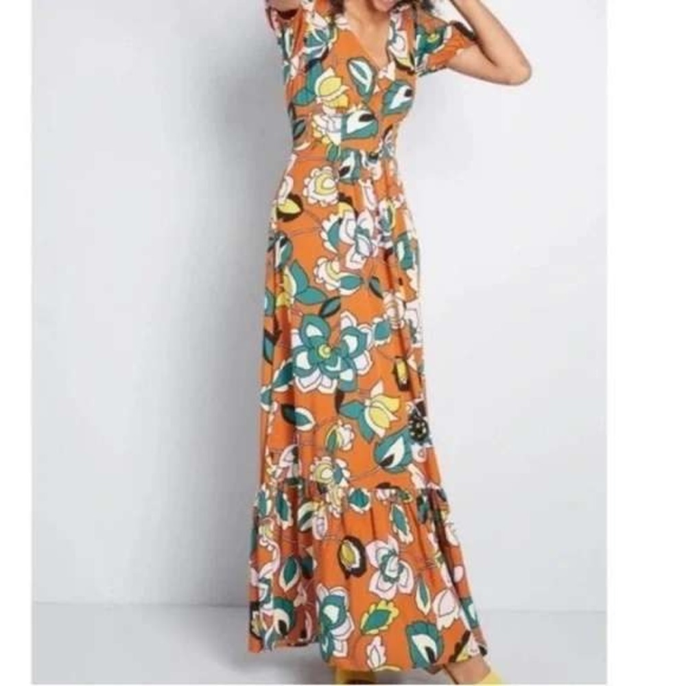 MODCLOTH Savor The Statement Orange Retro Floral Print Puff Sleeve Maxi Dress L